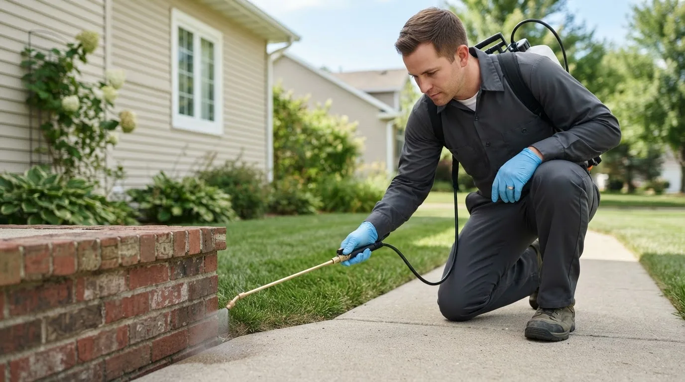 Pest control technician treating a home near Santa Maria, TX